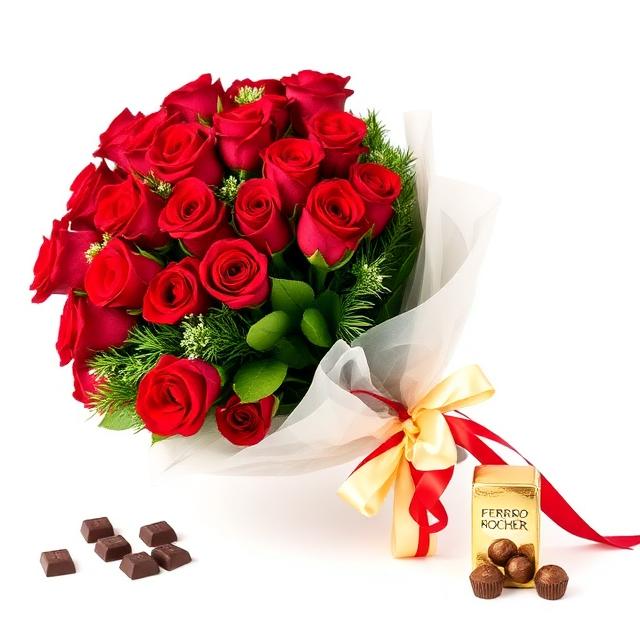 Buquê de 12 Rosas Vermelhas e Ferrero