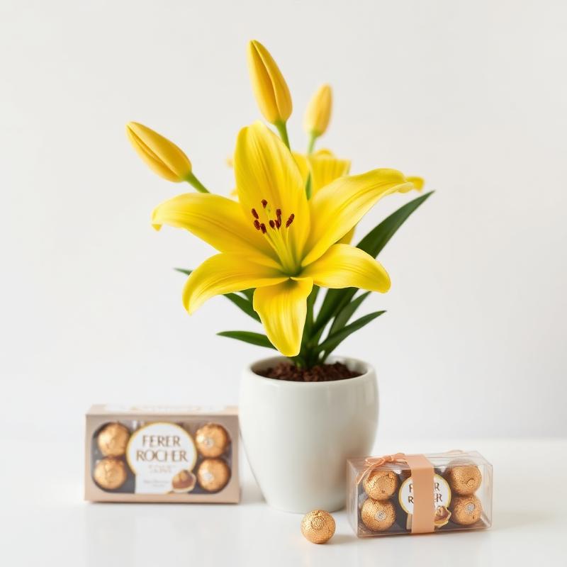 Lírio Amarelo Plantado e Chocolate Ferrero